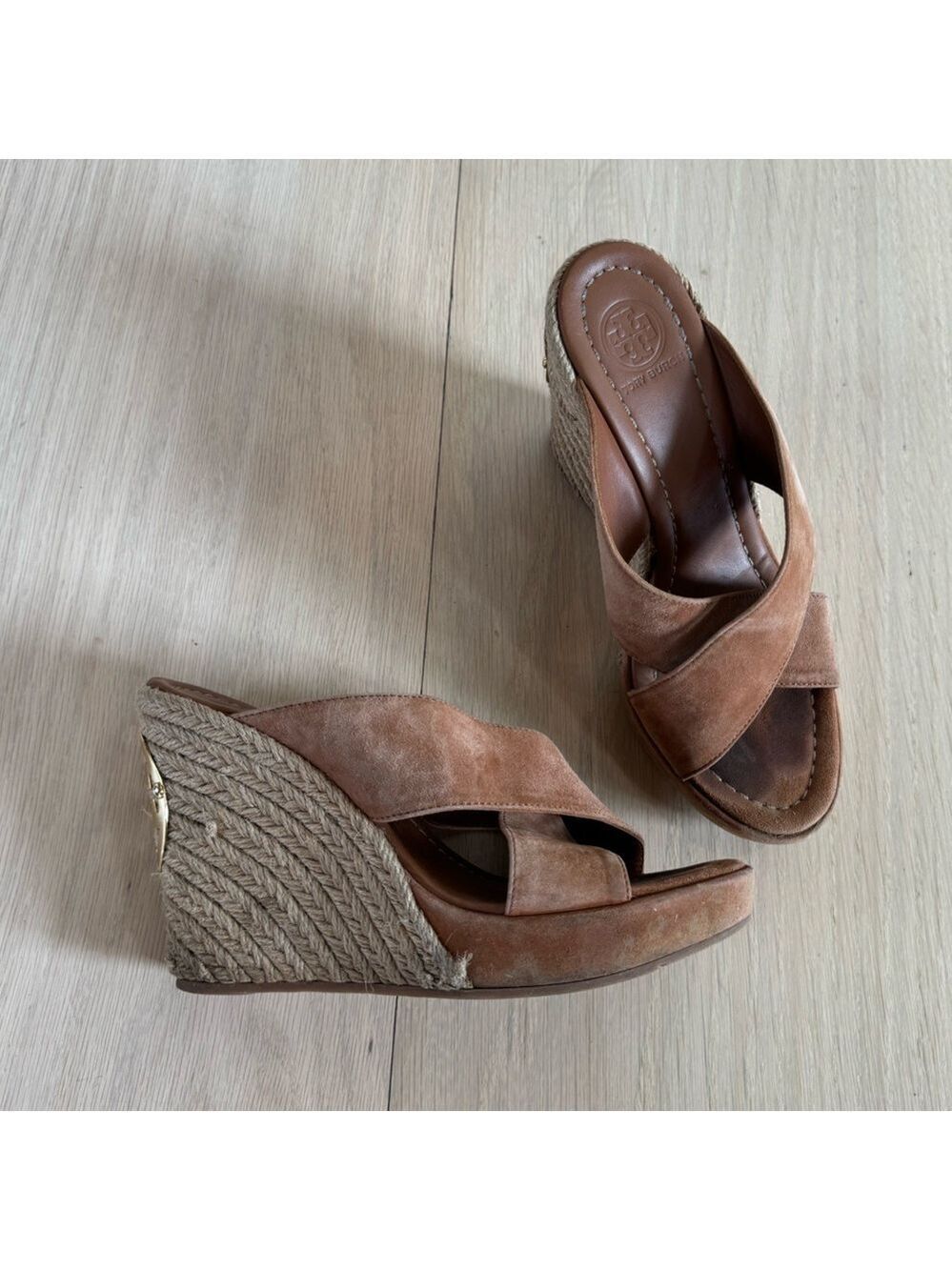 Tory Burch Wedges Shoes High Heels Brown And Gold Size 7.5
